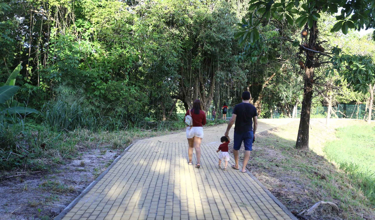 casal andando no parque passaré com seu filho